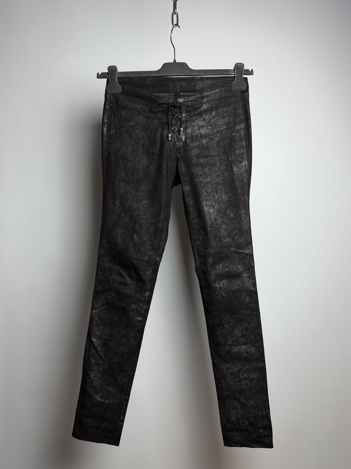 Chrome Hearts fleur knee lace-up leather pants, front
