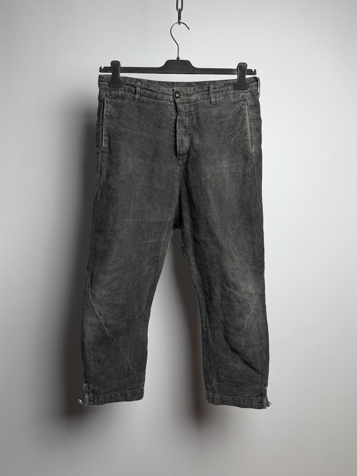 BACKLASH poem lined linen trousers, front