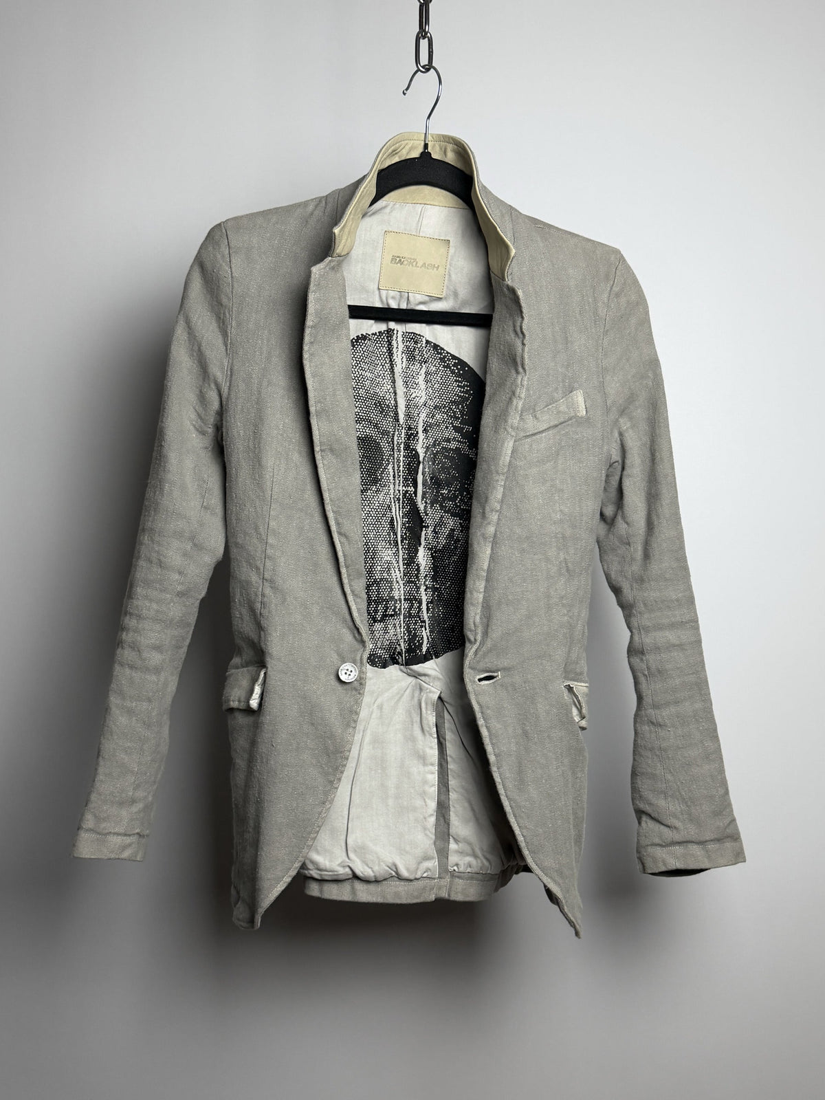 BACKLASH linen blazer, front open with skull lining