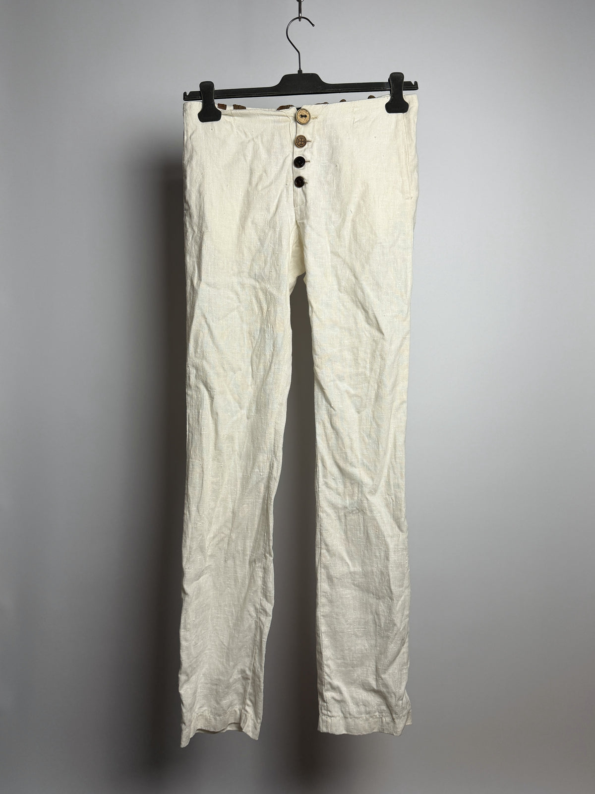Geoffrey B. Small linen trousers, front with braces