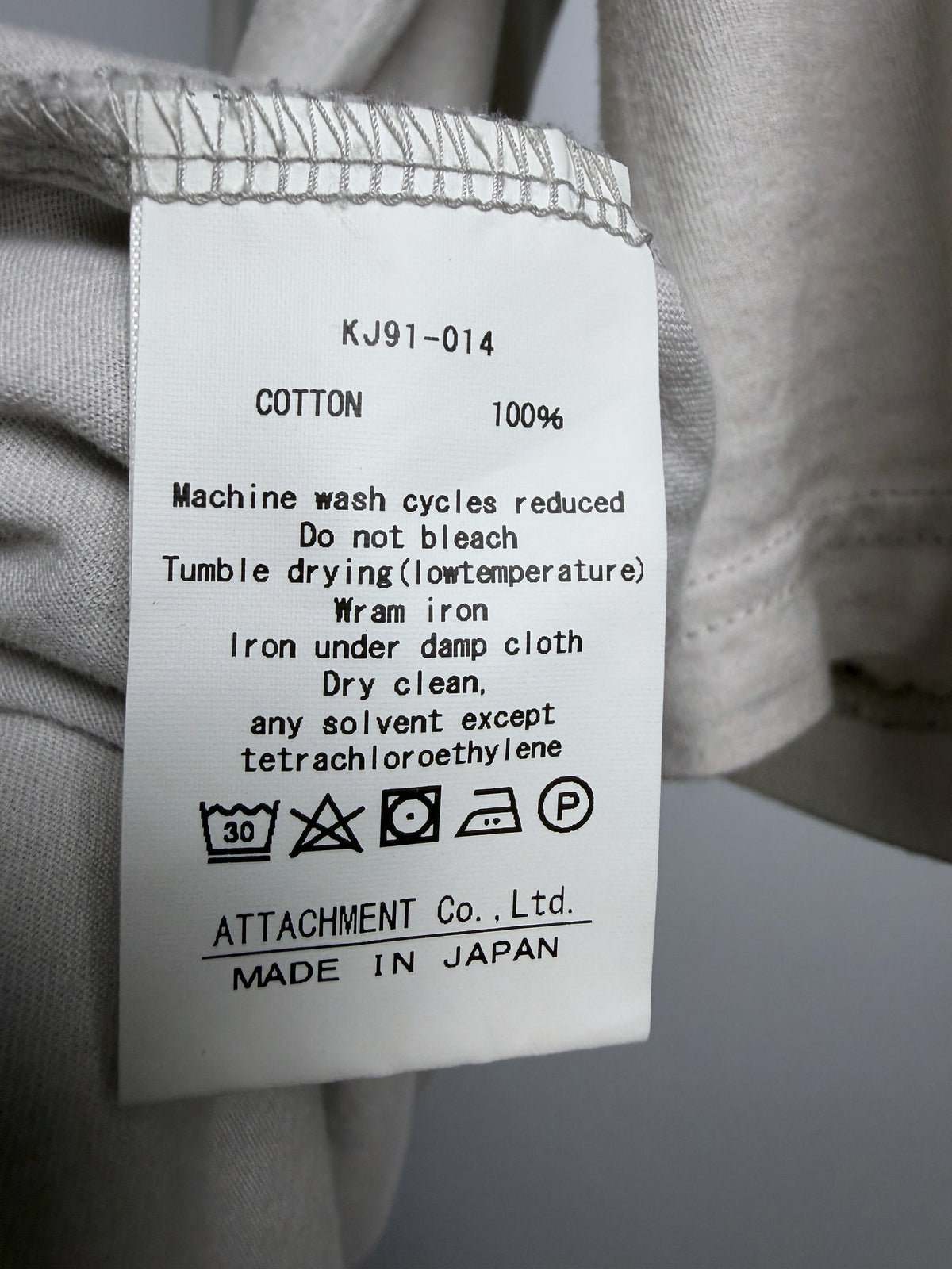 Kazuyuki Kumagai ATTACHMENT three-quarter sleeve tee, care tag KJ91-014